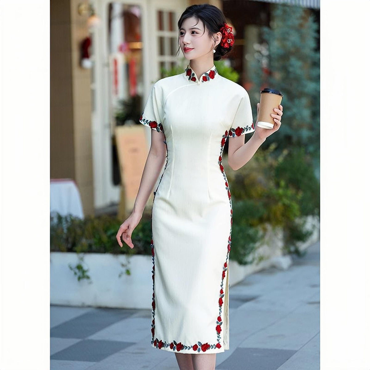 Women's White Vintage Qipao Cheongsam Dress – Midi Summer – additional product view