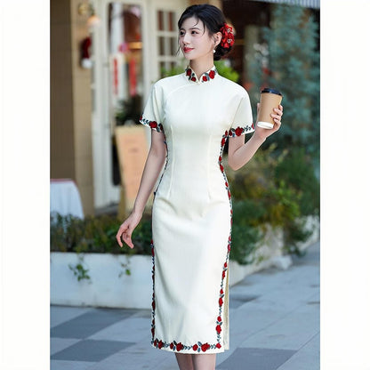 Women's White Vintage Qipao Cheongsam Dress – Midi Summer – additional product view