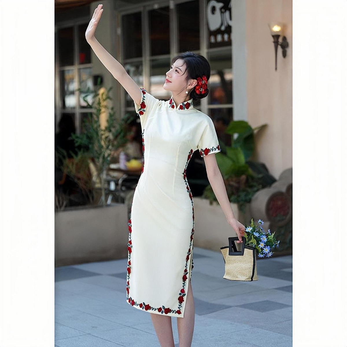 Women's White Vintage Qipao Cheongsam Dress – Midi Summer – additional product view