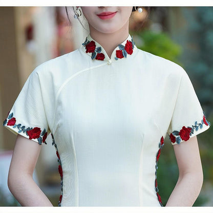 Women's White Vintage Qipao Cheongsam Dress – Midi Summer – additional product view