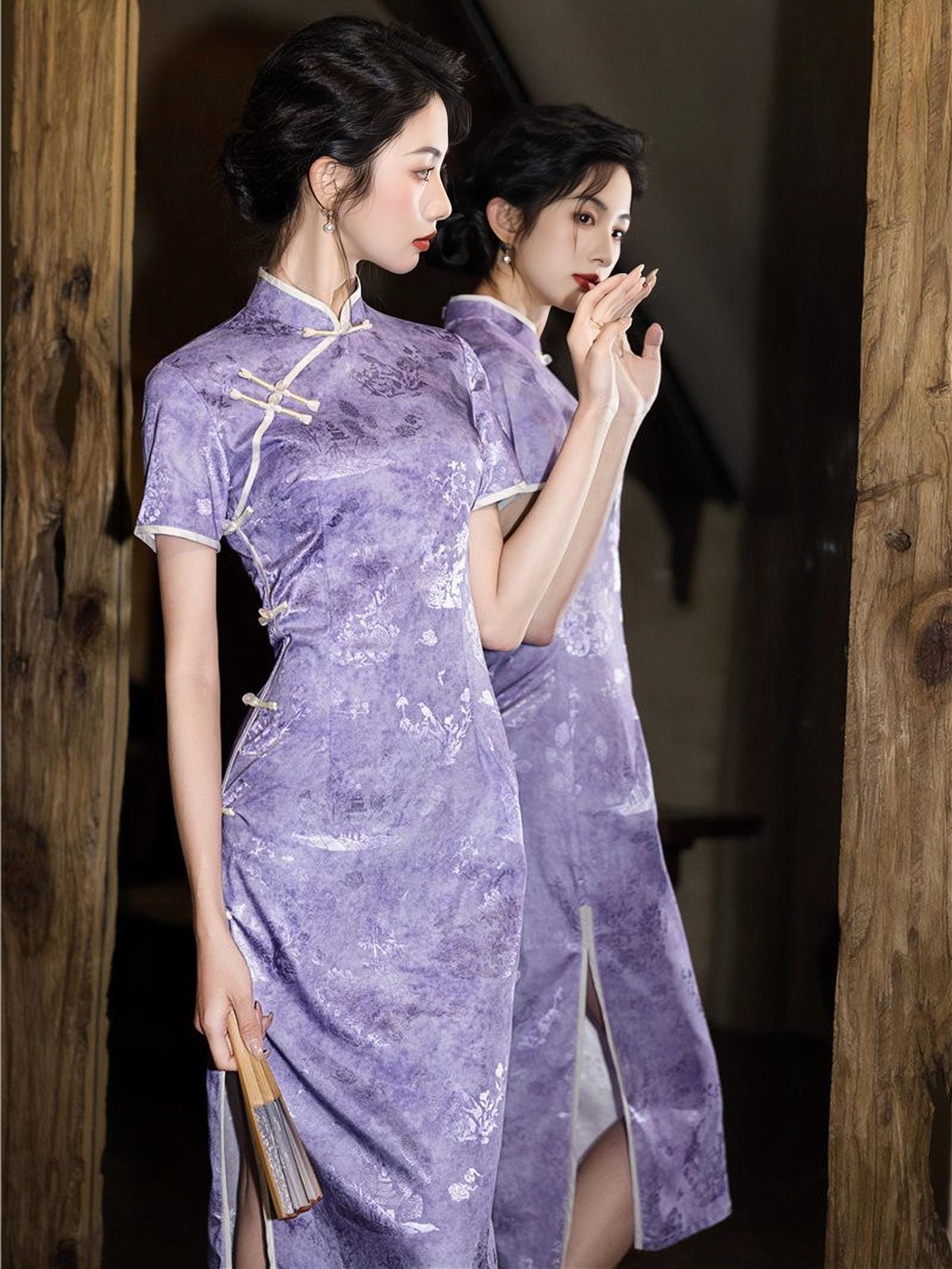 Women's Purple Vintage Qipao Cheongsam Dress – Midi – additional product view