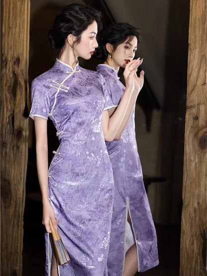 Women's Purple Vintage Qipao Cheongsam Dress – Midi – additional product view