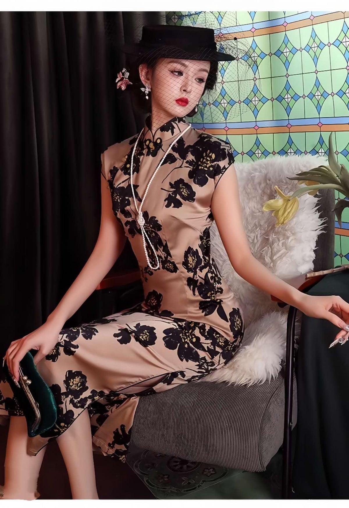 Women's Floral Qipao Cheongsam Dress – Velvet – additional product view