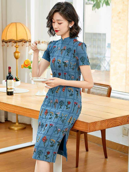Women's Blue Floral Qipao Cheongsam Dress – Linen – additional product view