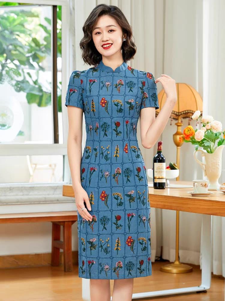 Women's Blue Floral Qipao Cheongsam Dress – Linen – additional product view