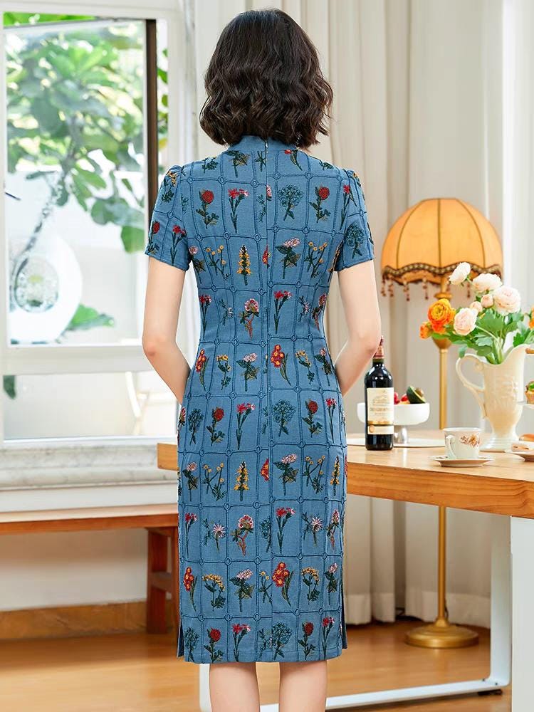 Women's Blue Floral Qipao Cheongsam Dress – Linen – additional product view