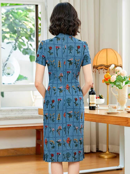 Women's Blue Floral Qipao Cheongsam Dress – Linen – additional product view
