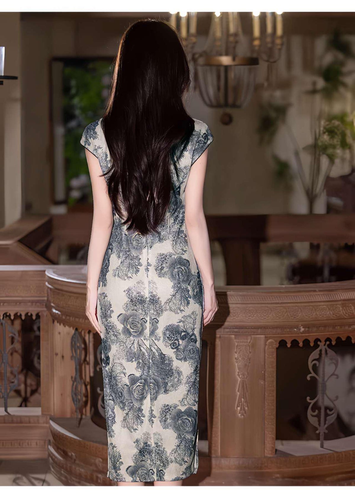 Women's Blue Floral Qipao Cheongsam Dress – additional product view
