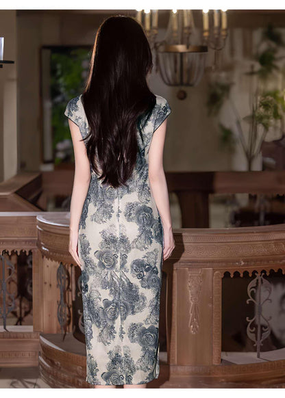 Women's Blue Floral Qipao Cheongsam Dress – additional product view