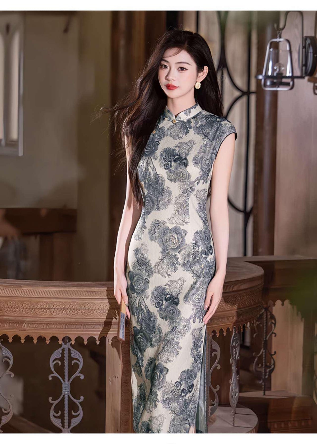 Women's Blue Floral Qipao Cheongsam Dress – additional product view