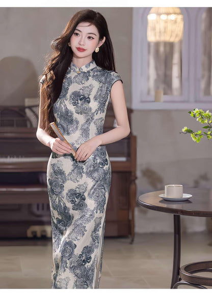 Women's Blue Floral Qipao Cheongsam Dress – additional product view