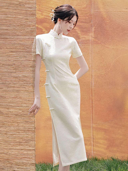 Women's White Vintage Lace Qipao Cheongsam Dress – Short Sleeve