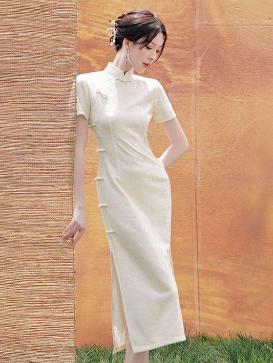 Women's White Vintage Lace Qipao Cheongsam Dress – Short Sleeve