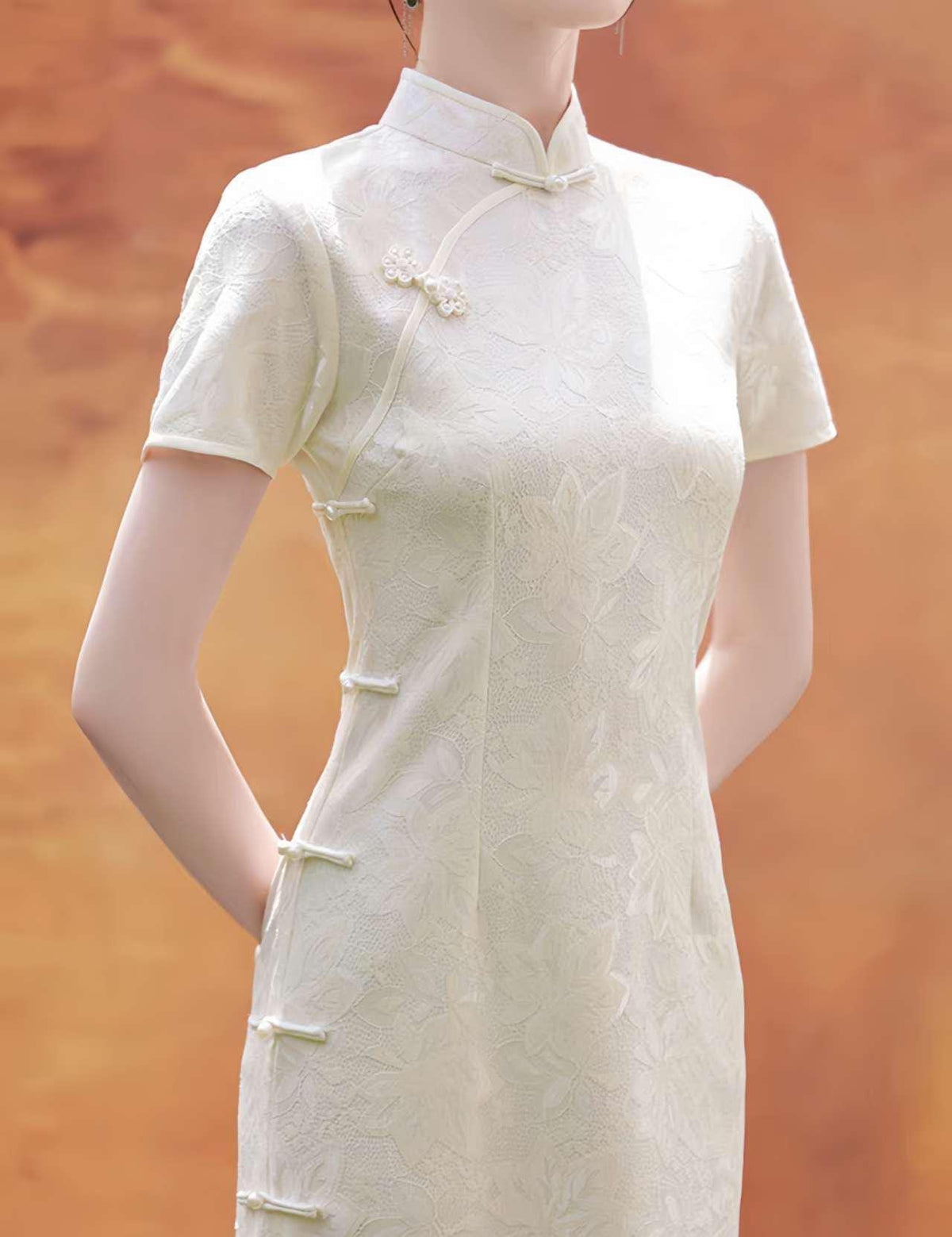 Women's White Vintage Lace Qipao Cheongsam Dress – Short Sleeve – additional product view