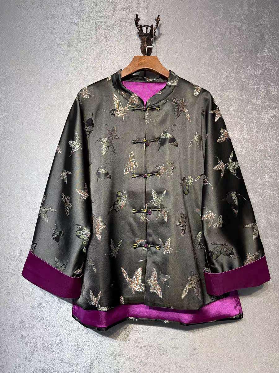 Women's Black Embroidered Silk Chinese Tang Jacket – Butterfly – additional product view