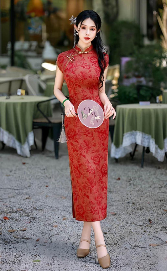 Women's Red Vintage Brocade Qipao Cheongsam Dress – Maxi