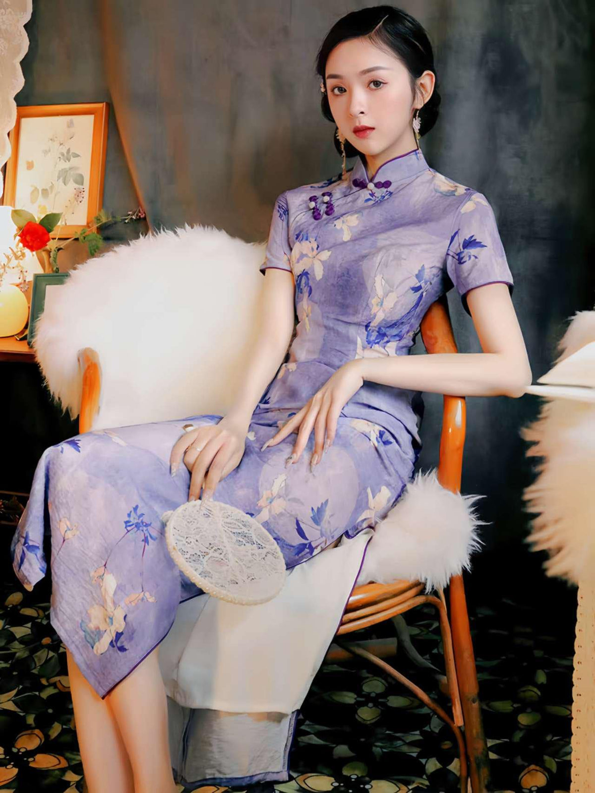 Women's Floral Silk Qipao Cheongsam Dress – Lavender – additional product view