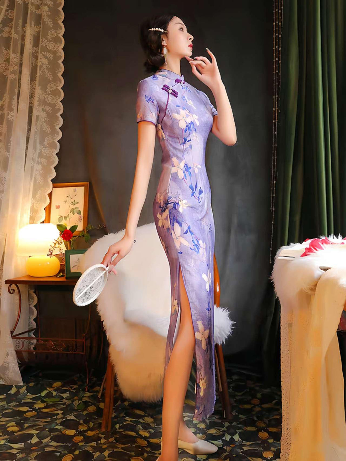 Women's Floral Silk Qipao Cheongsam Dress – Lavender – additional product view