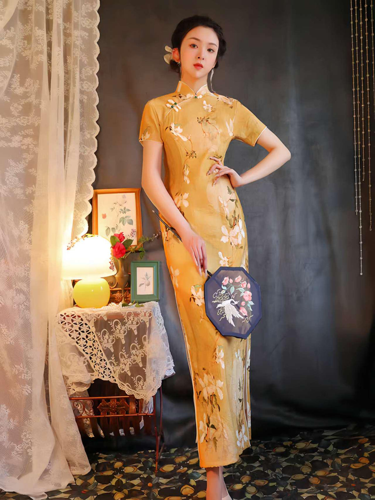 Women's Floral Silk Qipao Cheongsam Dress – Lavender – additional product view