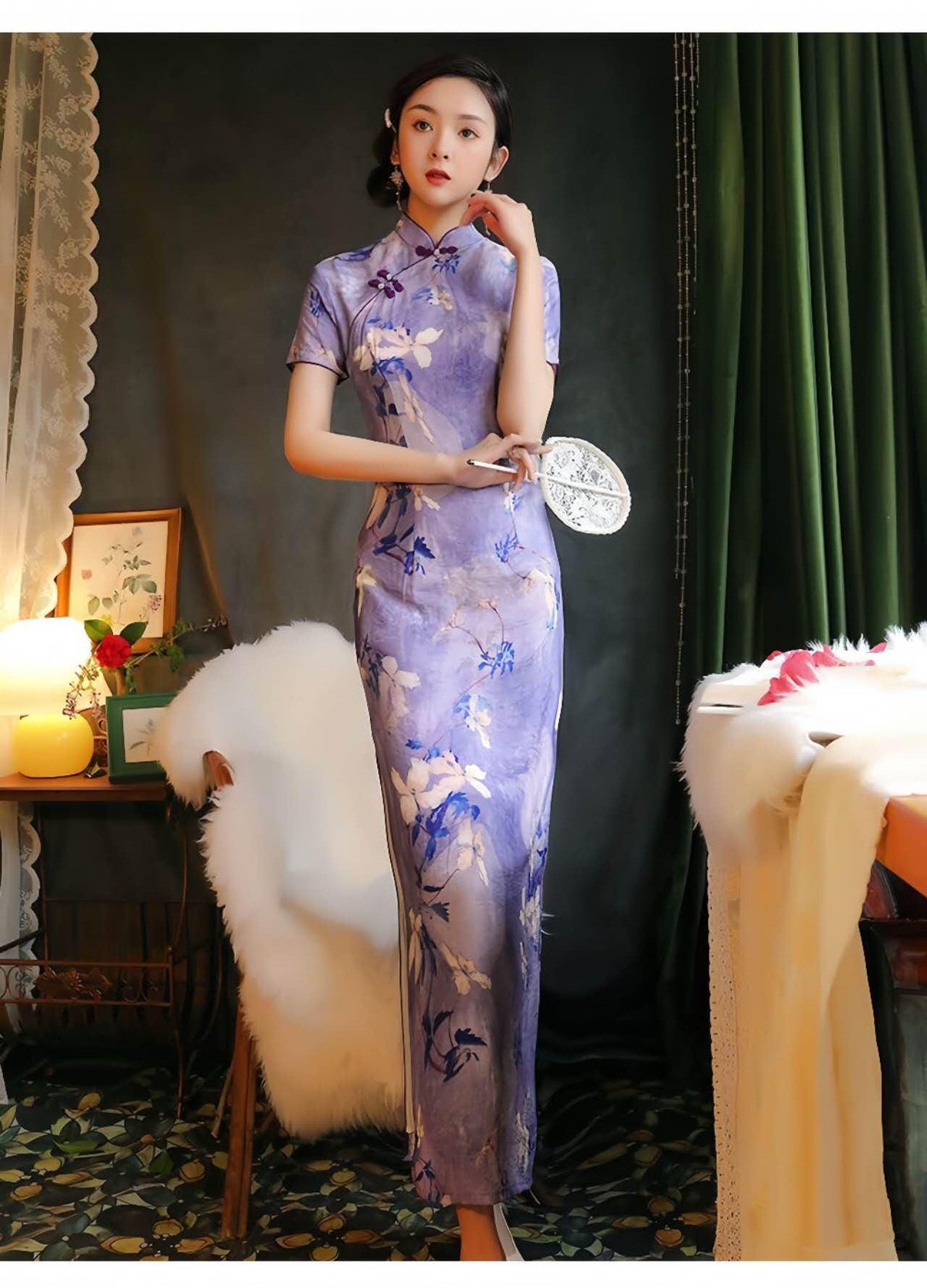 Women's Floral Silk Qipao Cheongsam Dress – Lavender – additional product view
