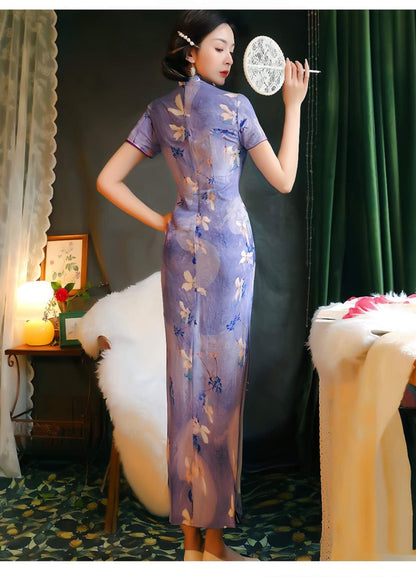 Women's Floral Silk Qipao Cheongsam Dress – Lavender – additional product view
