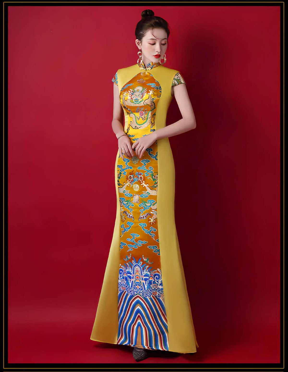 Women's Elegant Qipao Cheongsam Dress – Yellow Satin Embroidered Long – additional product view