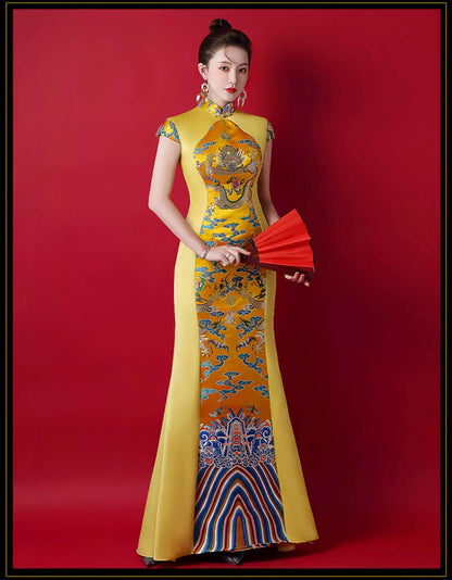 Women's Elegant Qipao Cheongsam Dress – Yellow Satin Embroidered Long – additional product view