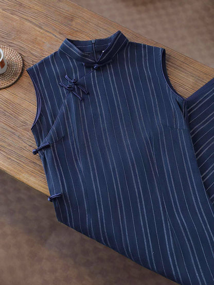 Women's Vintage Qipao Cheongsam Dress – Linen Striped – additional product view