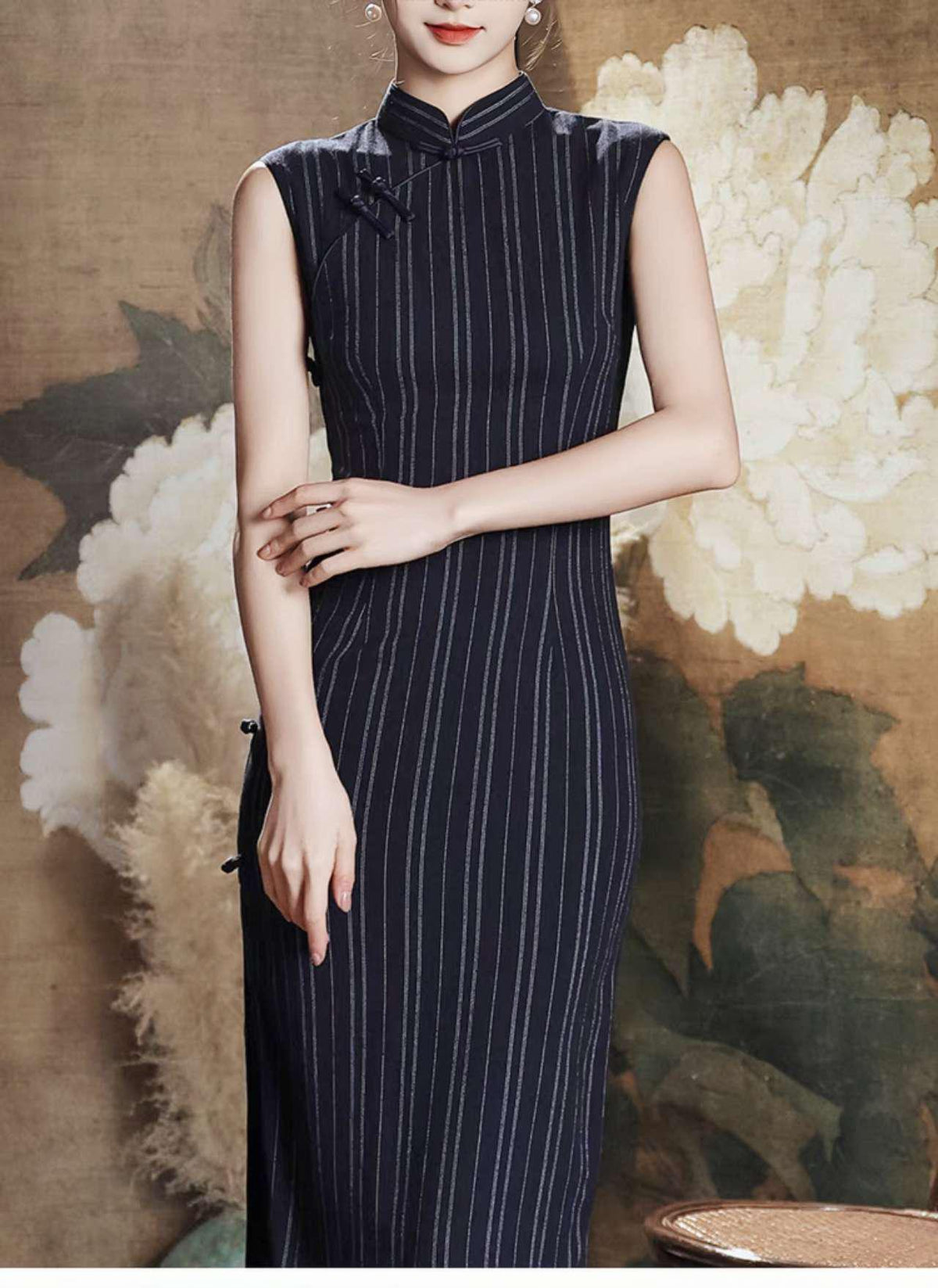 Women's Vintage Qipao Cheongsam Dress – Linen Striped – additional product view