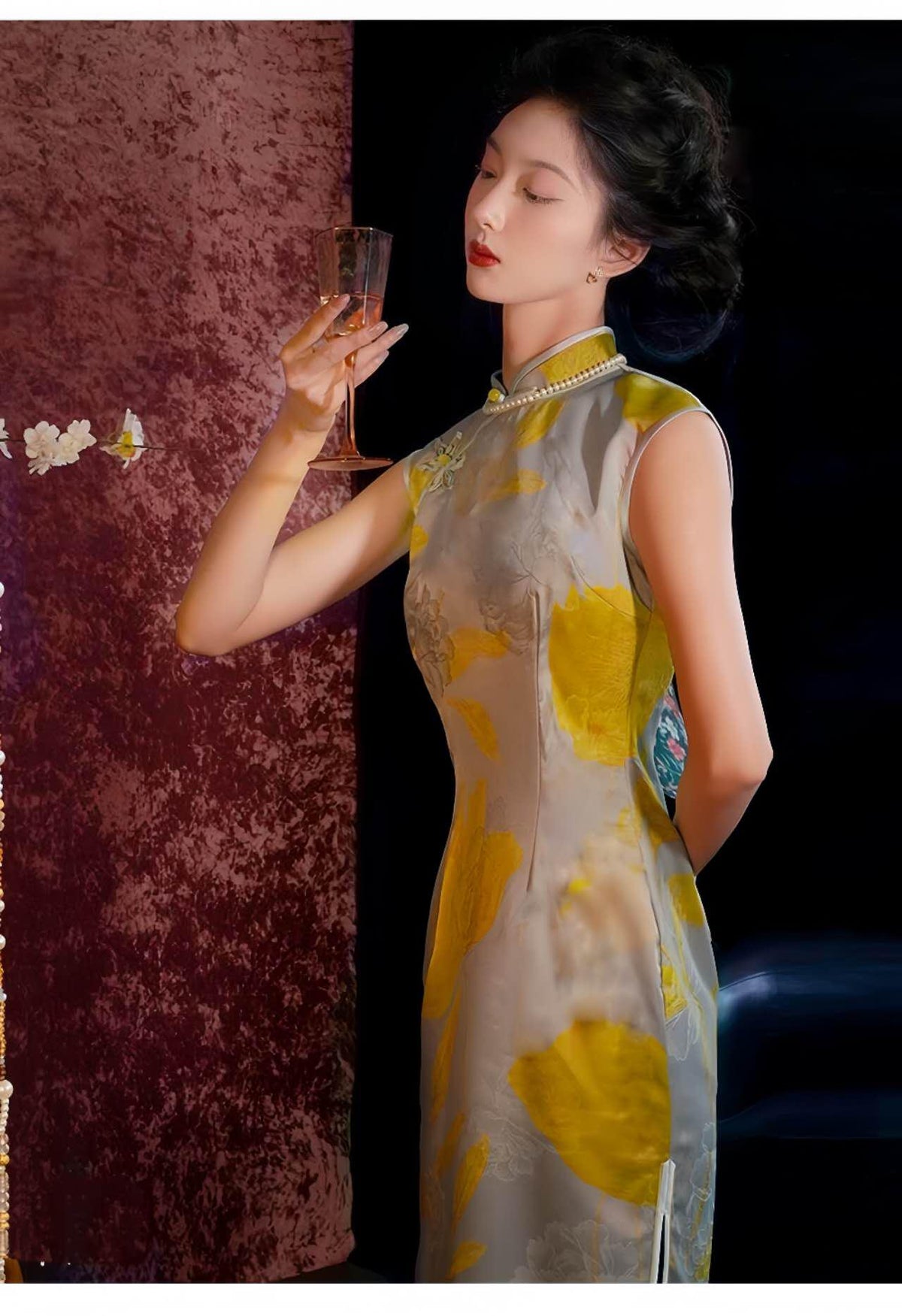 Women's Gold Floral Qipao Cheongsam Dress – Jacquard – additional product view