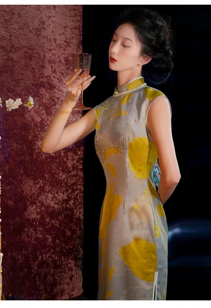 Women's Gold Floral Qipao Cheongsam Dress – Jacquard – additional product view