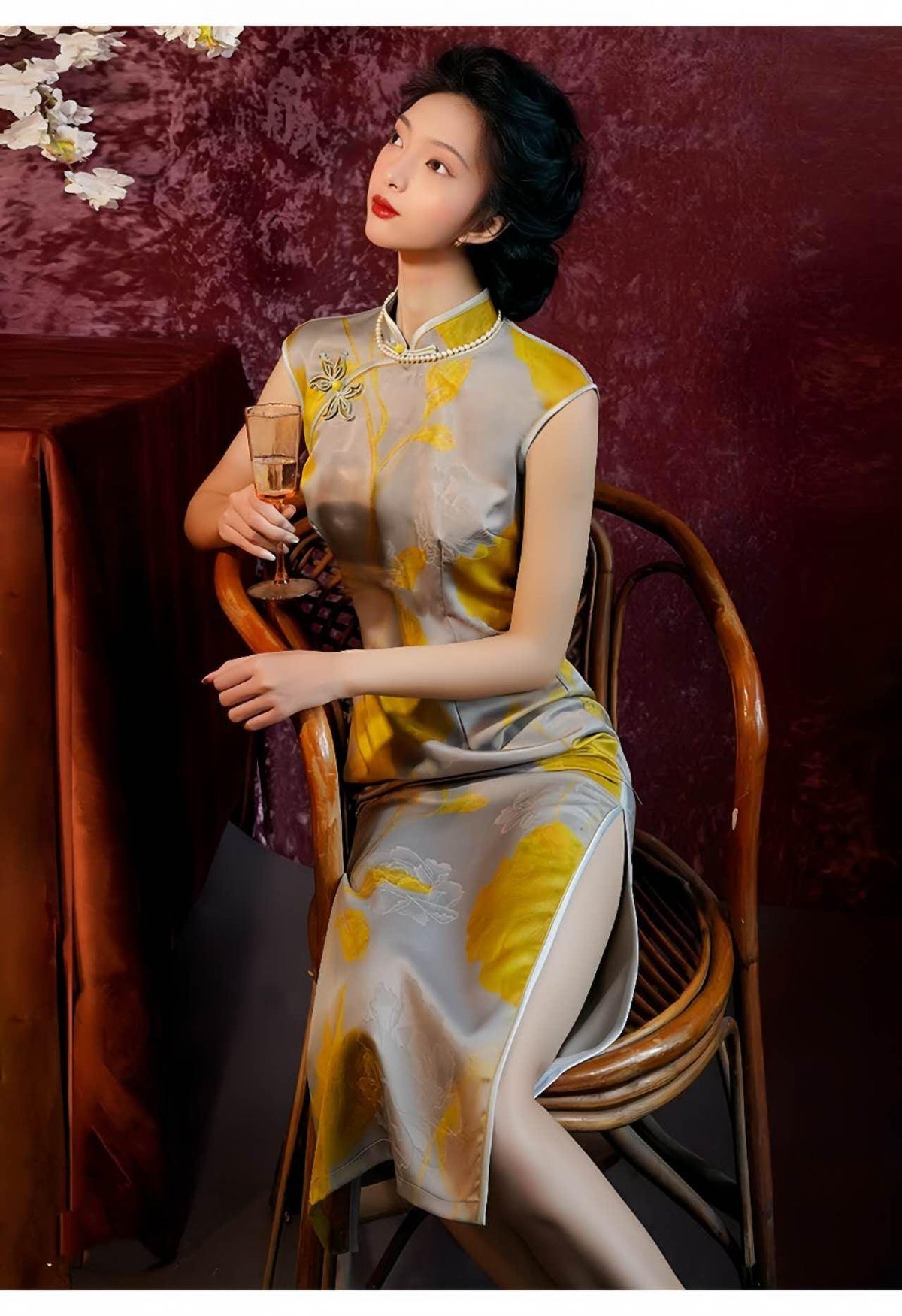 Women's Gold Floral Qipao Cheongsam Dress – Jacquard – additional product view