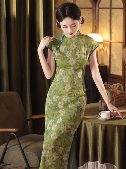 Women's Green Floral Brocade Qipao Cheongsam Dress – Spring Summer – additional product view