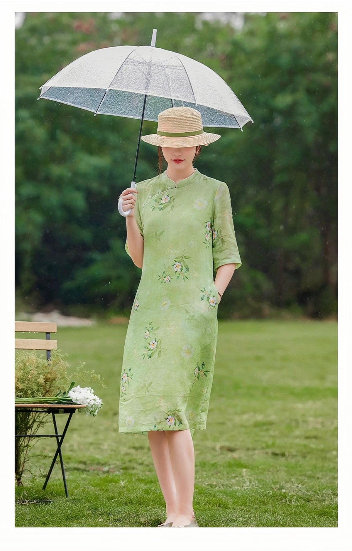 Women's Green Floral Qipao Cheongsam Dress – Linen – additional product view