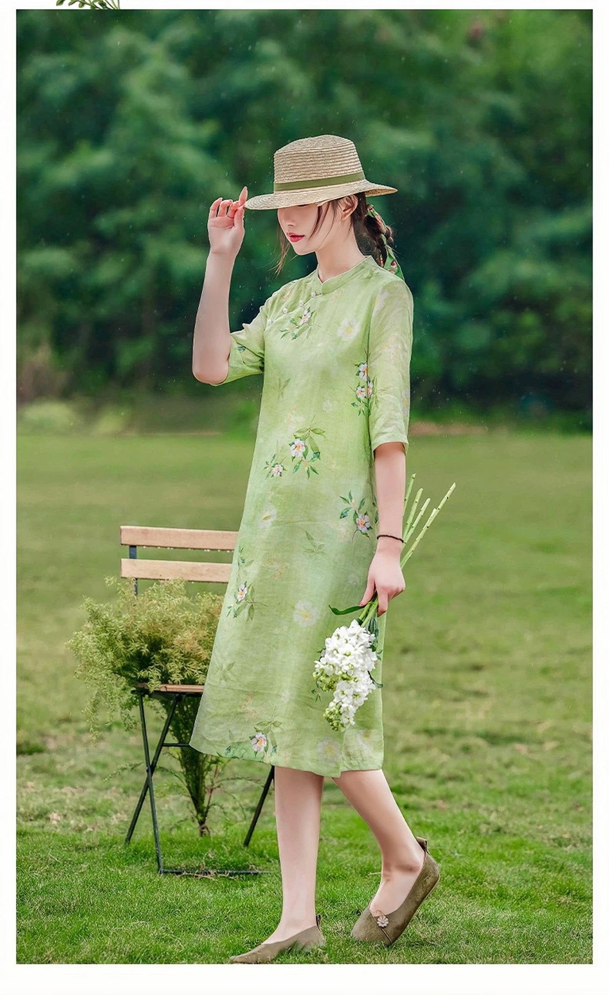 Women's Green Floral Qipao Cheongsam Dress – Linen – additional product view