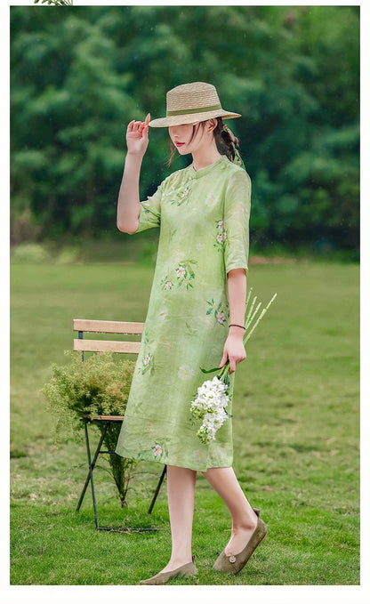 Women's Green Floral Qipao Cheongsam Dress – Linen – additional product view