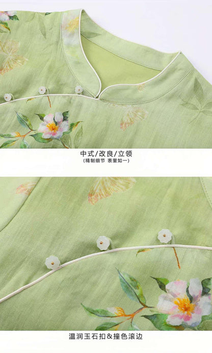 Women's Green Floral Qipao Cheongsam Dress – Linen – additional product view
