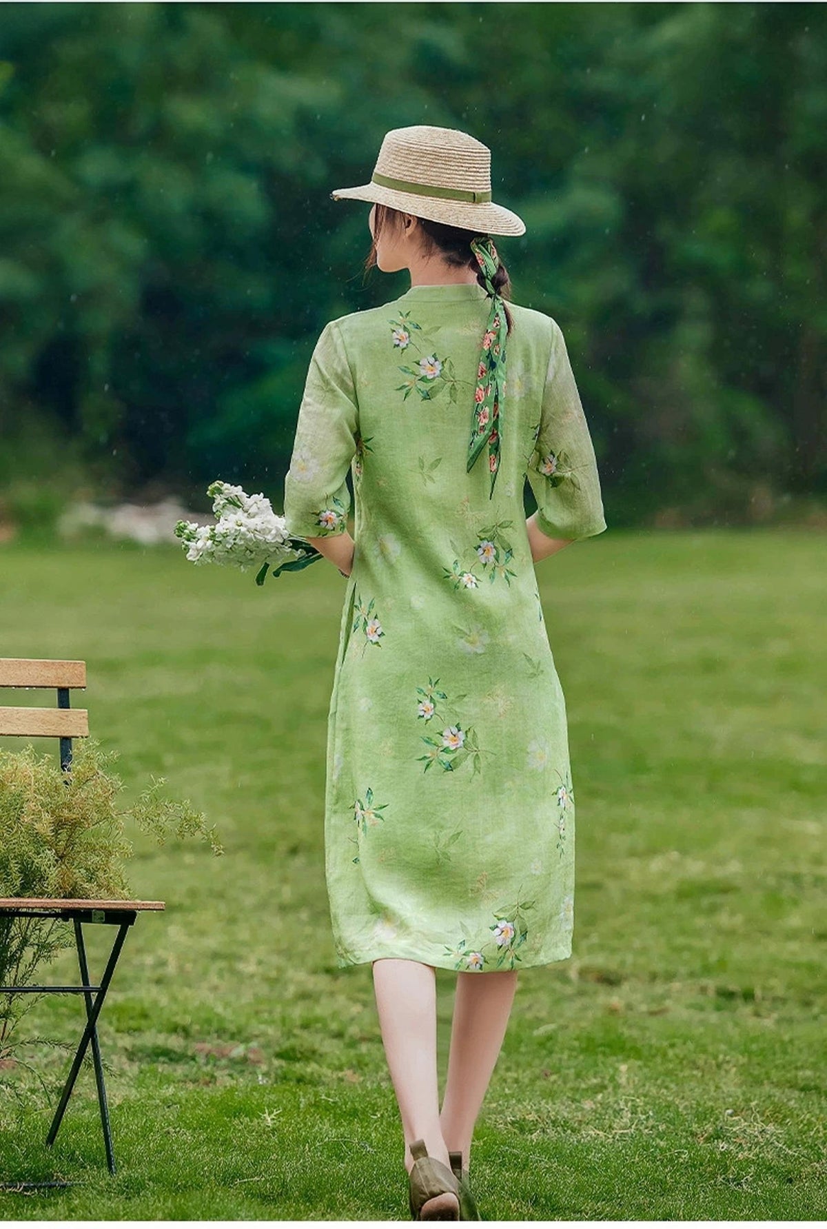 Women's Green Floral Qipao Cheongsam Dress – Linen – additional product view