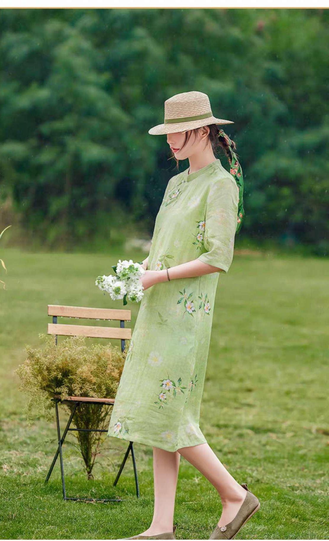 Women's Green Floral Qipao Cheongsam Dress – Linen – additional product view