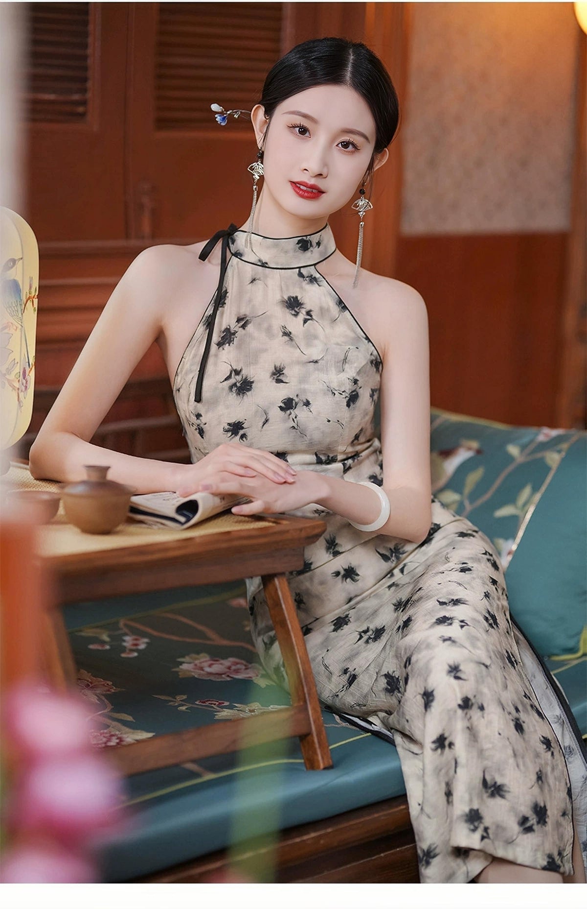 Women's Black Floral Qipao Cheongsam Dress – Linen Halter Neck Summer – additional product view
