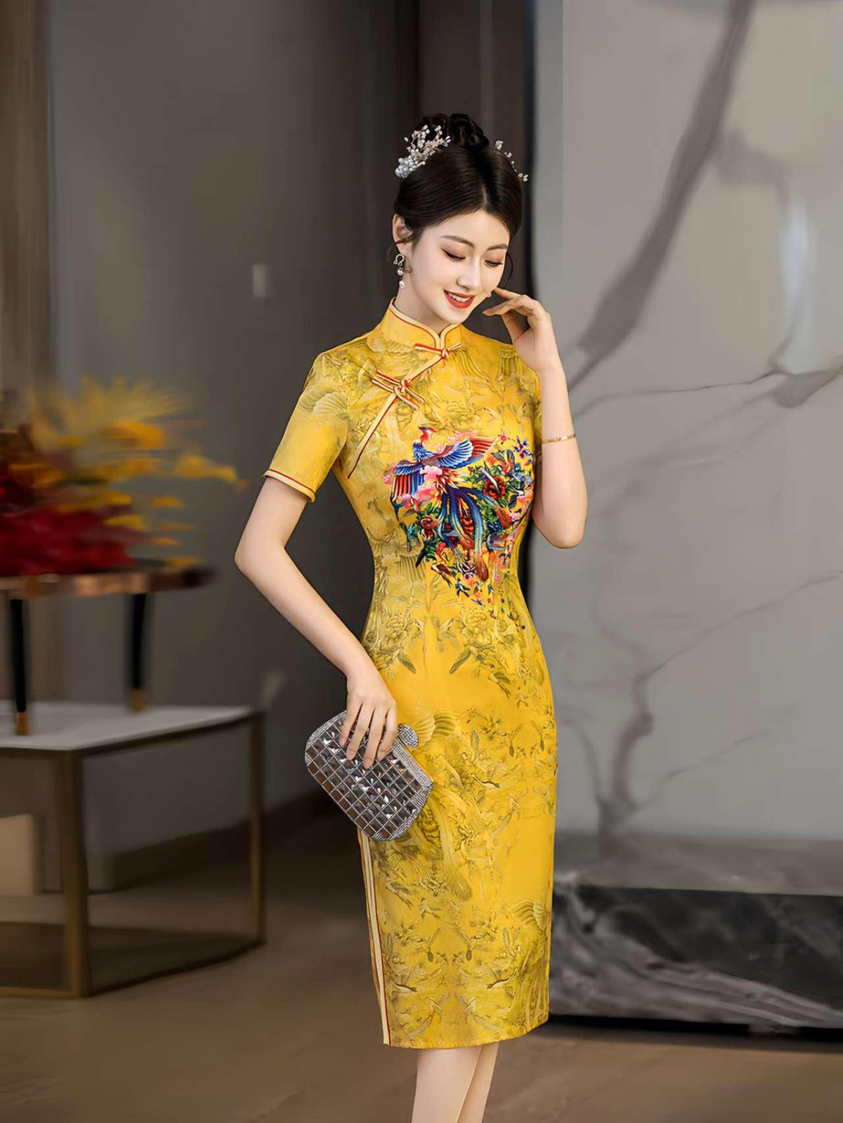 Women's Vintage Qipao Cheongsam Dress – Yellow Phoenix Short – additional product view