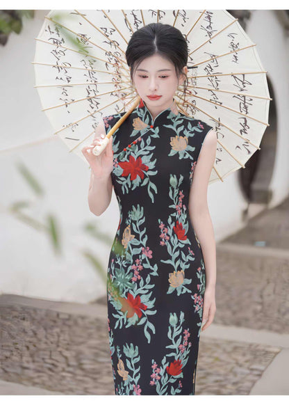 Women's Black Floral Qipao Cheongsam Dress – Linen Summer – additional product view