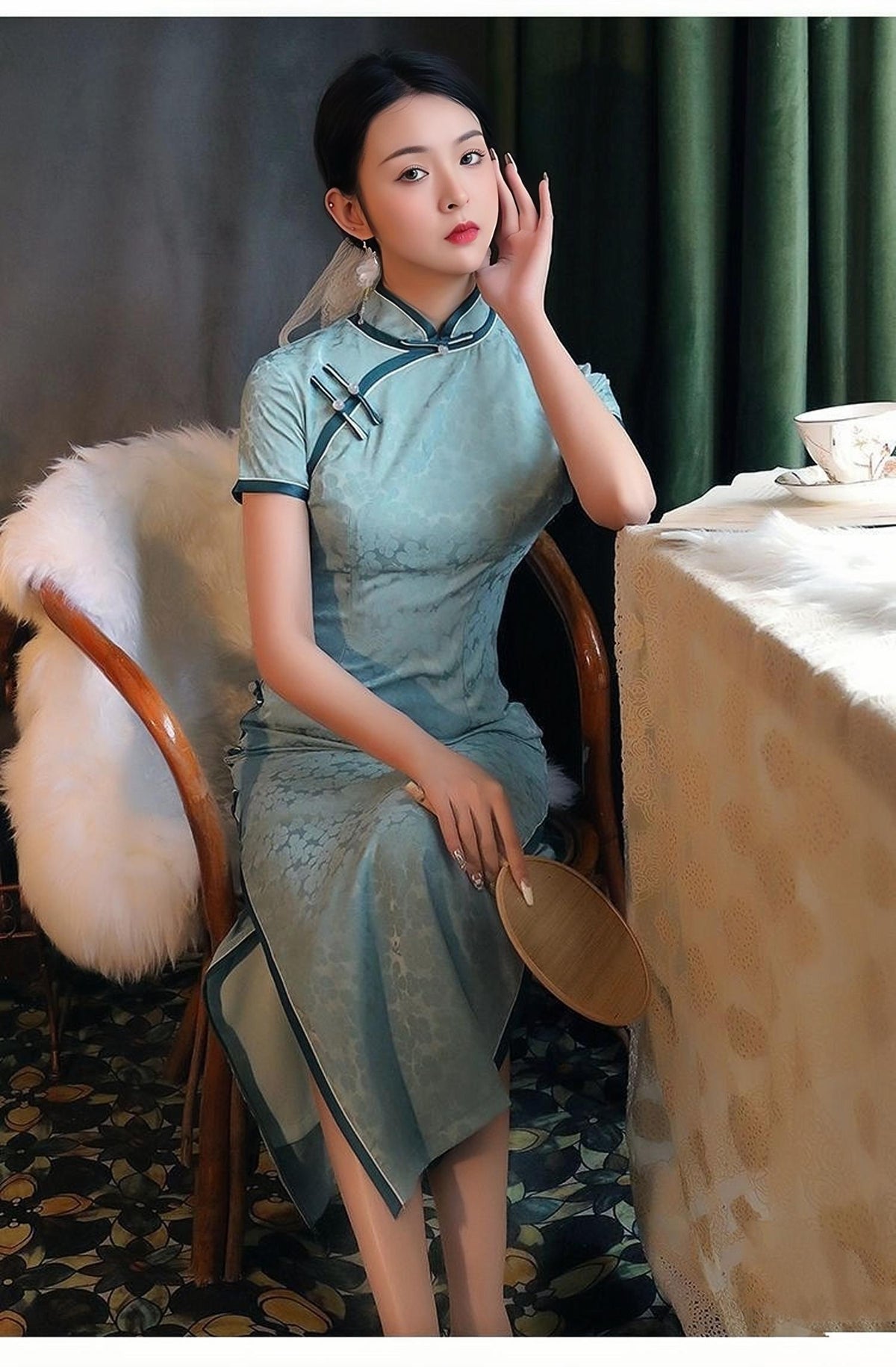 Women's Blue Vintage Qipao Cheongsam Dress – Brocade Floral – additional product view