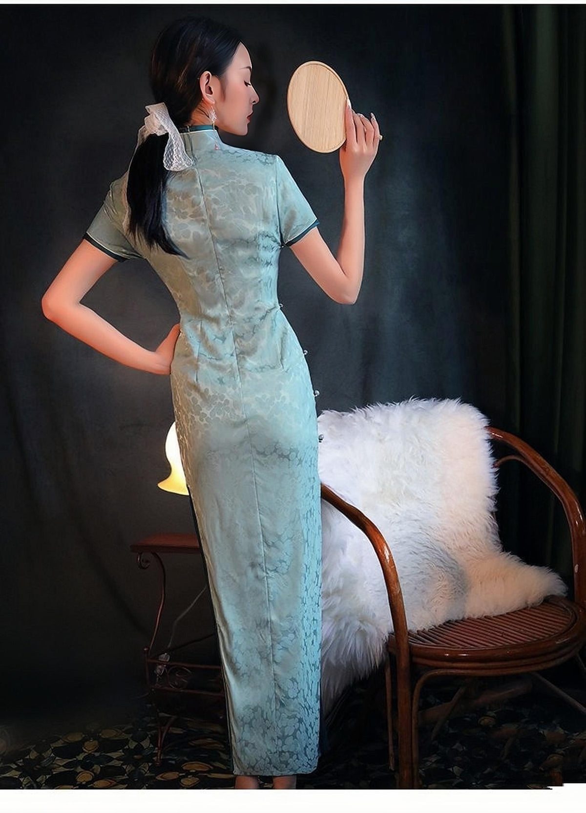 Women's Blue Vintage Qipao Cheongsam Dress – Brocade Floral – additional product view