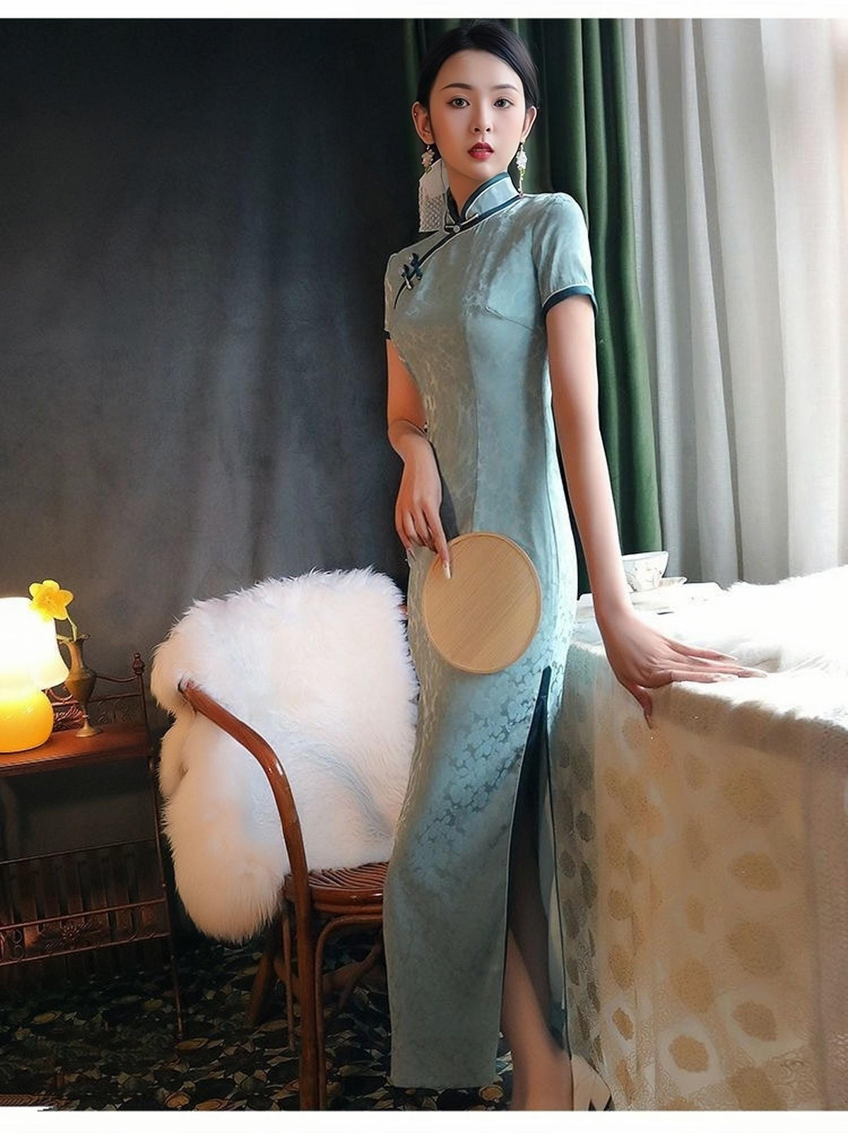 Women's Blue Vintage Qipao Cheongsam Dress – Brocade Floral – additional product view