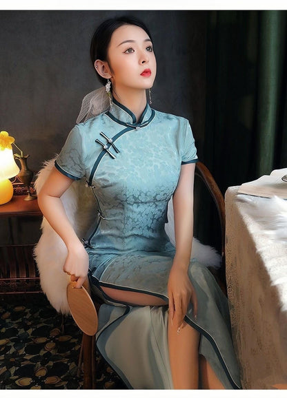 Women's Blue Vintage Qipao Cheongsam Dress – Brocade Floral – additional product view