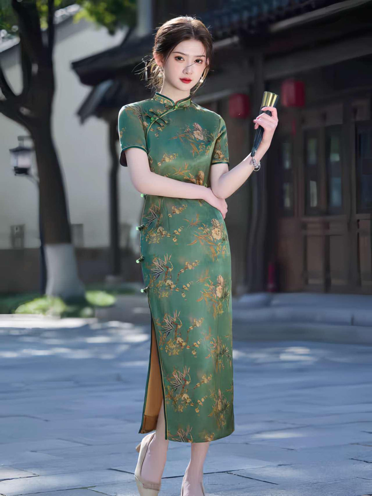 Women's Floral Qipao Cheongsam Dress – Yellow Acetate – additional product view