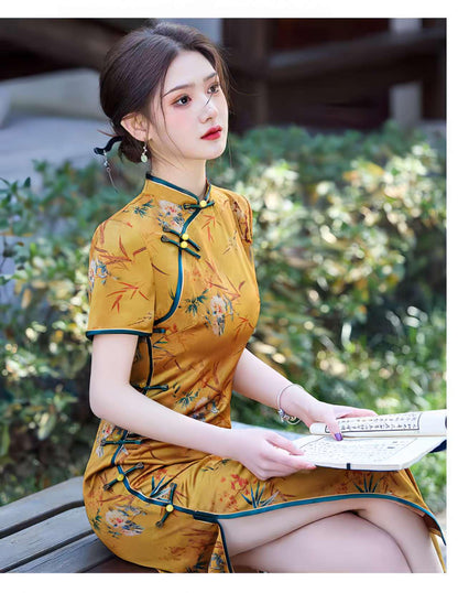 Women's Floral Qipao Cheongsam Dress – Yellow Acetate – additional product view