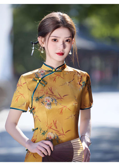 Women's Floral Qipao Cheongsam Dress – Yellow Acetate – additional product view
