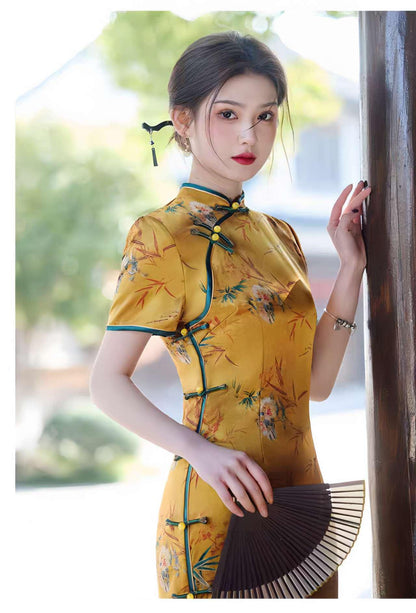 Women's Floral Qipao Cheongsam Dress – Yellow Acetate – additional product view